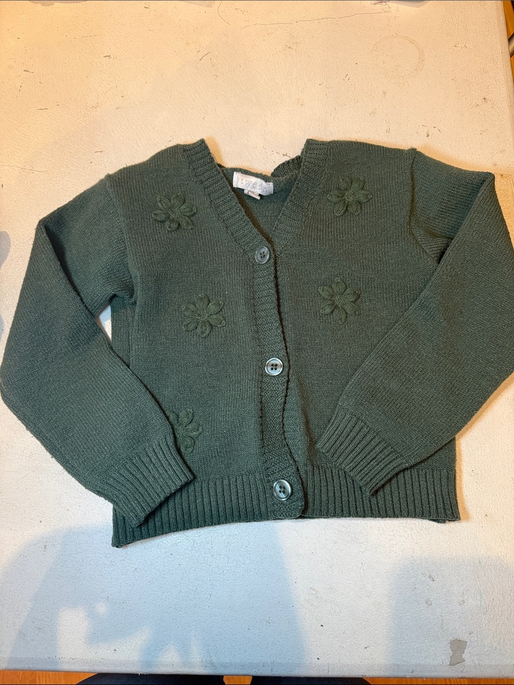 btween Olive Green Knit Cardigan with Floral Appliqué Buttons